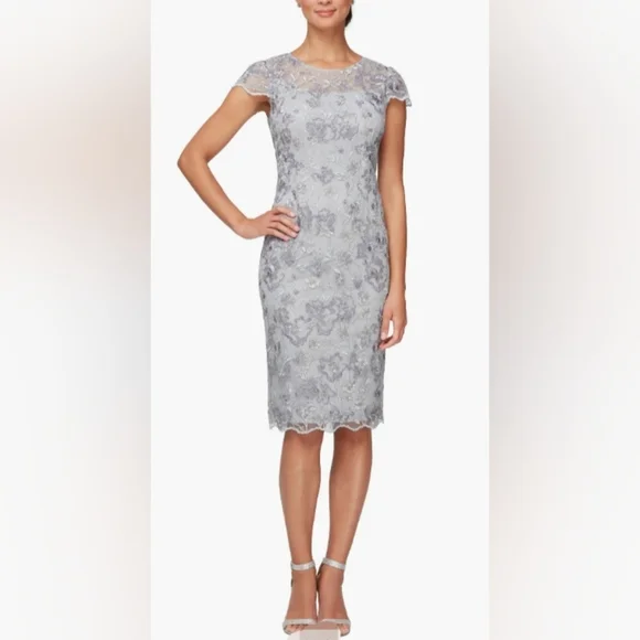 sachin and babi light blue dress Alex Evenings Floral Sequin Cold Shoulder Short Flutter Sleeve V-Neck  Sheath Long Gown main image 0